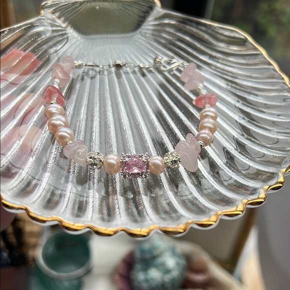 M212 Rose Quartz Freshwater Pearl Pink Gem Stone Bead Chip Bracelet Crystal - Picture 2 of 6
